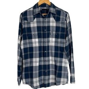 KR3W Flannel Shirt Mens Size M Blue Plaid Western Pearl Snap Rodeo Cowboy